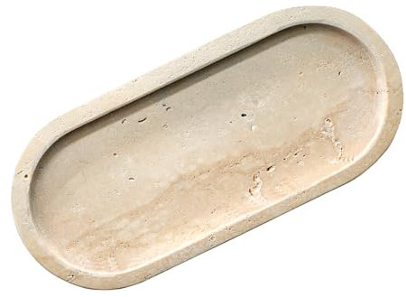 HAMAKAWA Kosmetiktablett aus Naturmarmor, Badezimmer-Arbeitstablett L25 cm x W11 cm, Beigefarbene Schmuckablage, Ovale Parfümablage, Aufbewahrungssystem für Hause