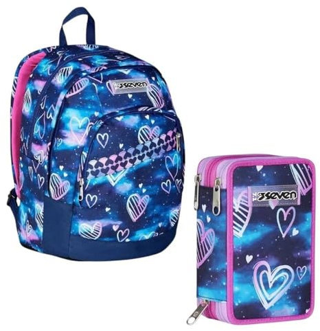VARZI Seven School Pack Gloomy Heart Dual: Zaino Capiente e Astuccio Triplo 3 Zip Capiente e Completo 45 Pezzi 1956