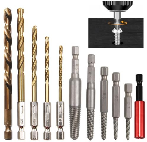 11PCS Screw Extractor Set, Screw Remover and Extractor Bit Set Hex Shank Left Hand Drill Bit and Bolt Kit Easy to Remove Suitable for Broken Damaged and Stripped Screws Studs and Bolts