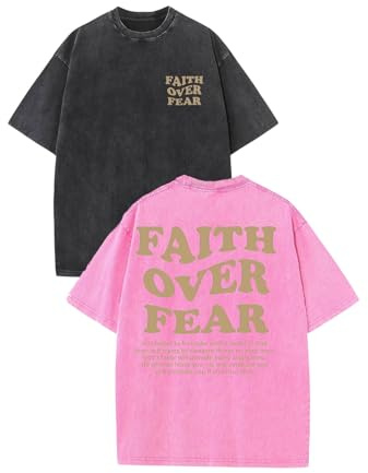 NIANNUJIAO 2 Packs Christian Faith Over Fe T Shirt for Men Oversized Tee Graphic Youth Acid Washed Baggy T-Shirt, Black+pink, Large