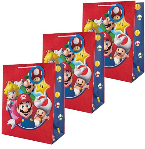 Hallmark Large Gift Bags, Super Mario, Nintendo, Birthday, 3-Pack | Princess Peach, Toad, Luigi, Size 33 x 26.5 x 14.6cm, White Cord Handles, Super Mushroom Tags
