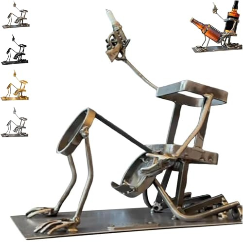 Skull Coke and Wine Bottle Stand, Funny Metal Skull Skeleton Bar Decor for Whiskey & Wine, Steampunk Beverage Display for Home, Kitchen or Man Cave (Metallic Color)