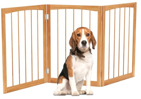GYAMX Barrera para Perros de Madera de Abeto, Puerta Plegable de 3 Paneles, Puerta Alta para Mascotas, Valla Ajustable, Protección para Perros Pequeños y Medianos, Rotación 180° (Natural)