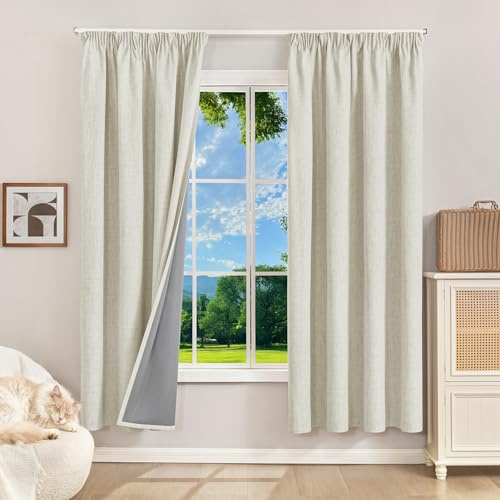 100% Verdunklungsvorhänge mit Kräuselband Leinenoptik Vorhänge Blickdicht | 175Hx140Bcm,Hellbeige,2er Set,Thermovorhänge Kälteschutz Gardinen für Schienen,Wohnzimmer,Schlafzimmer