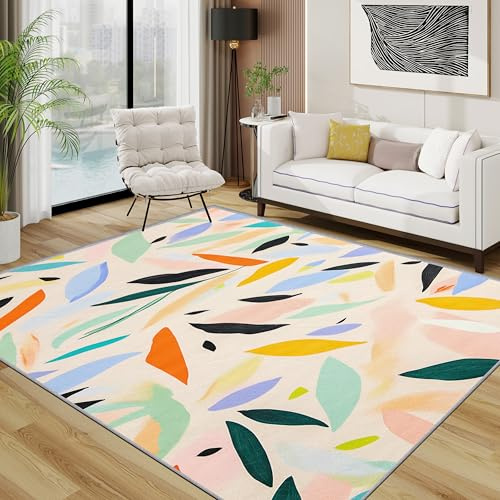 TerroVee Blatt Teppich 140x200 cm, Bunt abstrakt Blätter Teppich Wohnzimmer, Mehrfarbig Blätter Kurzflor rutschfest Pflegeleicht Teppiche Für Jugendzimmer Schlafzimmer, Bunt