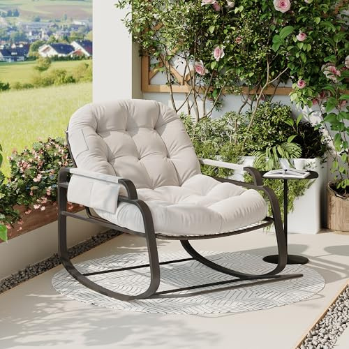 KeepGoon Schaukelstuhl Garten Schwingsessel schaukelsessel Wohnzimmer Relaxstuhl mit gepolsterter, für Garten, Schlafzimmer, Wohnzimmer, Ecke, Veranda, Hellgrau (Beige)