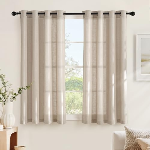NICETOWN Kurzgardinen Halbtransparent Leinenvorhang mit Ösen für Küche | H160 x B140 cm, 2er Set, Scheibengardinen Landhausstil, Küchengardinen Kurz, Kammelbraun, Boho Gardinen, Lichtdurchlässig