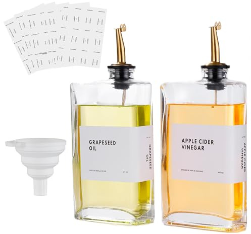 350ml Olive Oil Dispenser Bottle Set for Kitchen, Coffee Syrup Dispenser | 2 PCS Dispenser with Weighted Drip-Free Pourer, Waterproof Labels & Silicone Funnel - Elegant Gold