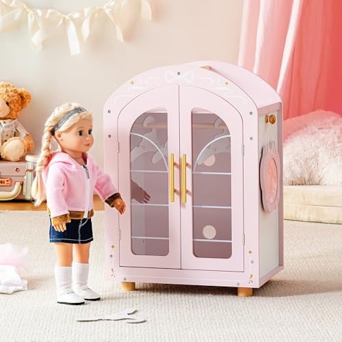 ROBOTIME Wooden Doll Wardrobe with Hangers & Mirror for 18 Dolls, Pink | 3 Hangers and Portable Mirror, Double Doors and Shelved Storage, Ballet-Inspired Pink Design, Gift for Kids Aged 3+