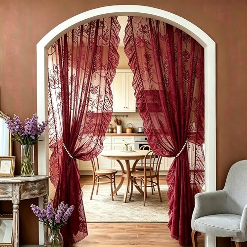 Fmorgen Französische Spitzenvorhang Durchlässig Spitzenvorhang 2 Stück Spitzengardinen Gardinen Vintage-Fensterbehandlung Ösenvorhang für Wohnzimmer Schlafzimmer, Rot-140x200CM