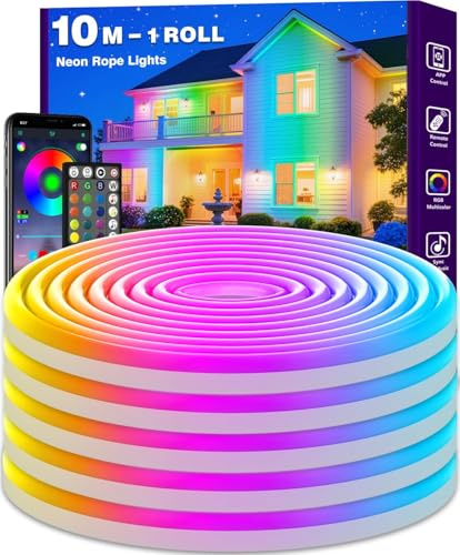 AHRLHR 10M Neon LED Streifen, IP68 Light Strips Outdoor & Indoor Use, Wasserdichte Flexible Lichtschlauch mit App und Fernbedienung, LED Rope Stripes für Wohnzimmer, Schlafzimmer, Spielzimmer