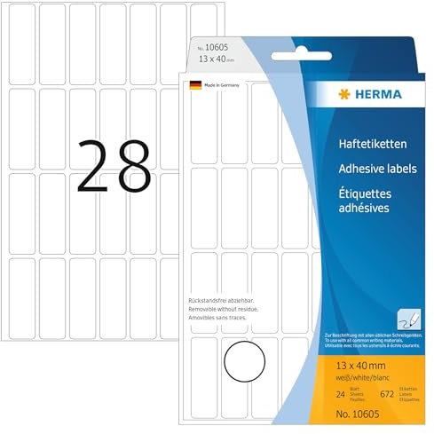 HERMA 10605 Vielzweck-Etiketten ablösbar, 672 Stück, 13 x 40 mm, 28 pro Bogen, selbstklebend, Haushaltsetiketten zum Beschriften, matt, blanko Papier Klebeetiketten Aufkleber, weiß