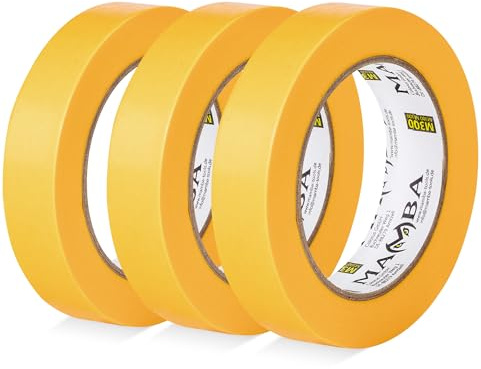 Mamba Goldband Malerkrepp Washi Tape 25 mm x 50 m, 3 Rollen Abdeckband | Selbstklebendes Kreppband in Gold für scharfe Farbkanten – 3 Rollen Malerband à 25 mm Breite und 50 m Länge