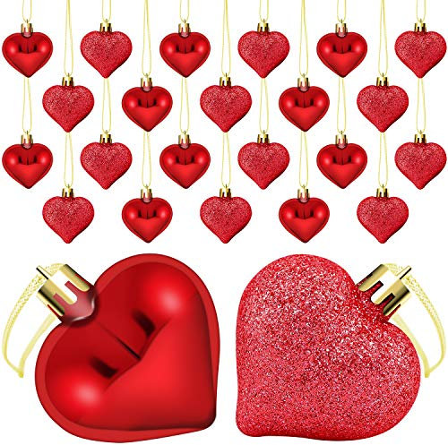 ELCOHO 24 Pieces Valentine's Day Heart Baubles Ornaments Heart Shaped Decoration Baubles for Valentine's Day Decoration, 2 Styles (Glossy, Glitter)