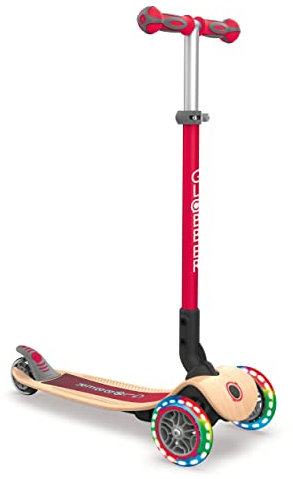 GLOBBER Primo Foldable Wood Lights – Tretroller, 120/80 mm, ABEC 5, 3-rädrig, LED-Leuchtrollen, Holzdeck, rot