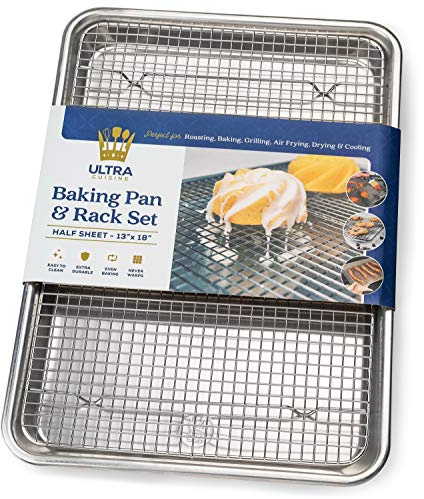 Ultra Cuisine Aluminium-Backblech mit Edelstahl-Kühlgitter-Set, halbe Blechgröße, 33 x 45,7 cm, robuste Seiten, leicht zu reinigen, kommerzielle Qualität zum Kochen und Braten