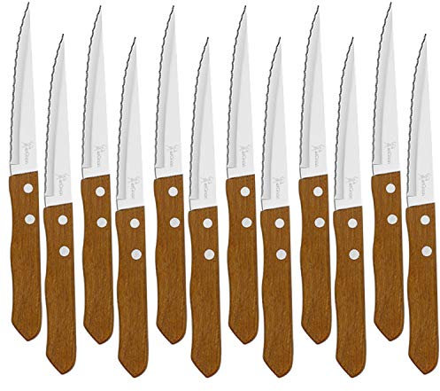 Juego de 12 Cuchillos de mesa con mango de madera natural, Cuchillo de Carne Acero Inoxidable - Hoja de Microdentado