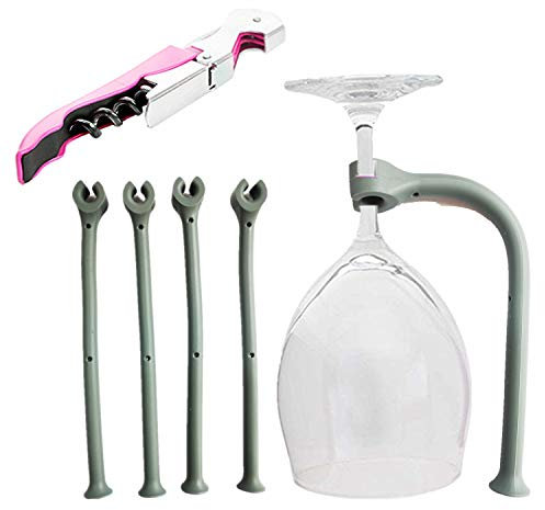 JinYu 5 Set Corkscrew and Silicone Stemware Saver Flexible Stemware Holder Dishwasher Wine Glass Protector Tether Silicone Dishwasher Attachment dark grey