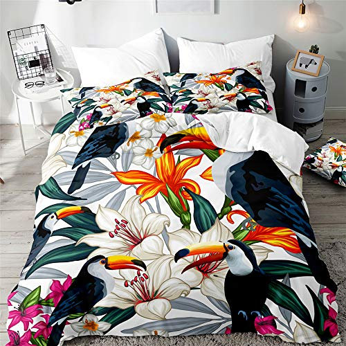 Hiser Bettwäsche-Set 3 Teilig - Tukan Pflanze Drucken Bettwäsche Set - Mikrofaser Bettbezug und Kissenbezug - 3D Bedrucktes Erwachsene Kinder Bettwäsche-Set (Schwarzer Tukan,200x200cm)