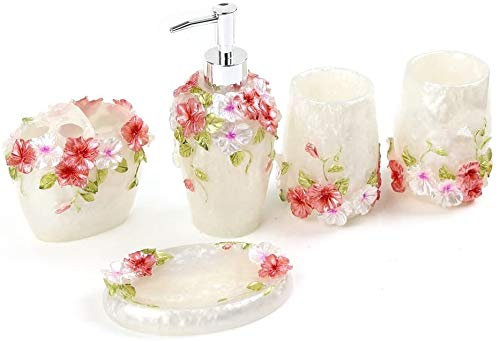 Resin 5Pcs Bathroom Accessories Set Soap Dispenser/Toothbrush Holder/Tumbler/Soap Dish (pink) (white)