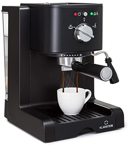 Klarstein Petite machine à expresso avec porte-filtre et mousseur à lait, acier inoxydable, 1,25 l, pour café moulu et dosettes, 1350 W, 20 bar, noir