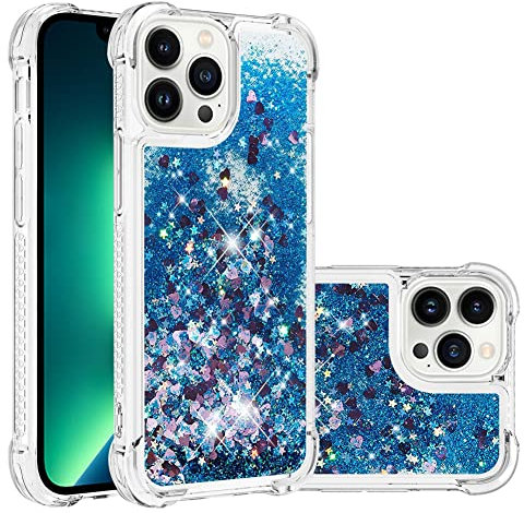 IMEIKONST Compatible with iPhone 13 Pro Max Glitter Case, Liquid Sparkle Quicksand Clear Transparent Sequin Slim Girls Soft TPU Bumper Silicone Shockproof Cover for iPhone 13 Pro Max. Love Blue YBW