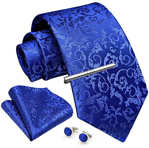 Enlision Cravates Hommes Bleu Cravates et Pinces et Boutons de Manchette et Carre de Poche Emsemble