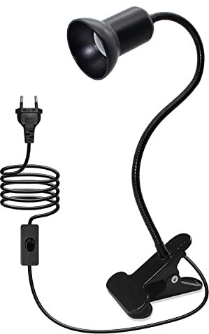 LAKONEI Lampada da Lettura con Pinza Lampada da Scrivania a Clip LED con 40cm Collo di Cigno Flessibile Luce da Letto a Clip con 220cm Cavo E27 Lampada a Morsetto per Rettili, Max 75W (Switch-Nero*1)