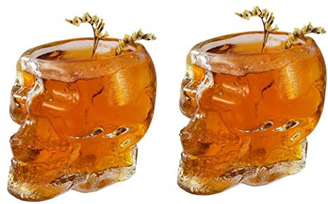 HOAZIACEHN Teschio Bicchieri Shot 2PCS, Tazza di Cristallo Scheletro Halloween Drinkware Supplies, Teschio A Forma di Tazza di Vetro Trasparente per Halloween Party Bar (150ml)