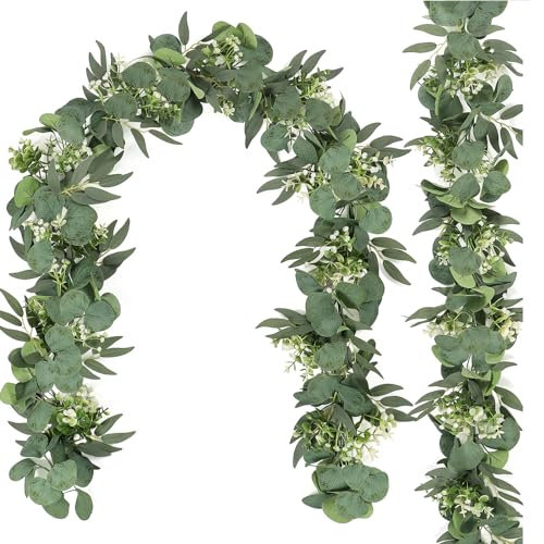Dremisland 2 Stück Girlande Eukalyptus Deko mit Weiße Blumen Weidenblätter Künstliche Pflanzen Girlande Frühjahrsdeko Grün Kunstpflanze Hängepflanze für Hochzeitsbogen Hochzeits Tischgirlande