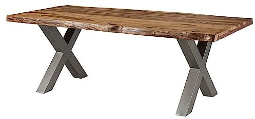 MASSIVMOEBEL24.DE | Freeform 5 - Baumtisch aus Sheeshamholz - Natur sandgestrahlt | X-Beine in Silber matt | 220x100x77 | Massivholztisch Baumkantentisch Esstisch