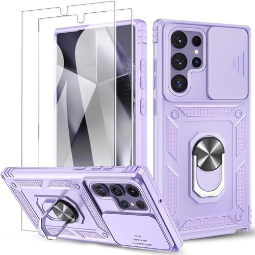 Samsung S24 Ultra Case with 2X HD Screen Protectors & Slide Camera Cover & Kickstand, Shockproof Rugged Hard Protective Phone Cover for Galaxy S24 Ultra, Purple