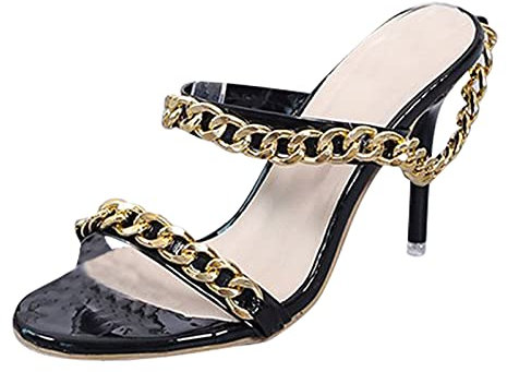 TEEKU Damenschuhe auf Runde Fersen Sandalen Schuhe Zehen Gelegenheitskette High Slip Frauen High Heels (Black, 41)