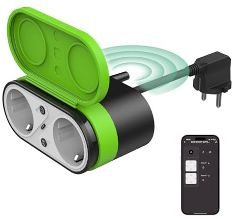 Enchufe doble WiFi para exteriores, IP44, resistente al agua, Smart Wifi con control por voz, adecuado para jardín, terraza, balcón, trabajo con Alexa/Google Home, 1 paquete