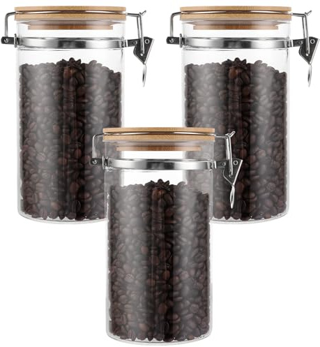 WOPPLXY 3er Set Kaffeebohnen Behälter mit Deckel, 1150ml Kaffeedose Luftdicht, Glas und Bambus Kaffeebehälter für Kaffee, Spaghetti, Getreide Aufbewahrung
