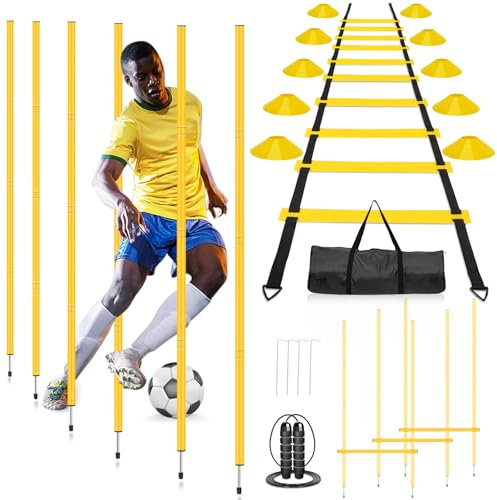 YGORTECH Agility Ladder Speed Training Poles Equipment-6 Agility Poles,6 Jumping Hurdles,20ft Speed Ladder, 12 Sports Cones,Jump Rope Basketball Football Training for Kids Youth Adults