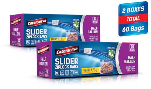 Caterserve Half Gallon Slider Ziplock Bags | Freezer Safe, Airtight Seal, Reusable Food Storage, Clear Plastic, Ideal for Snacks, Lunches, and Meal Prep Half Gallon - 60Bags