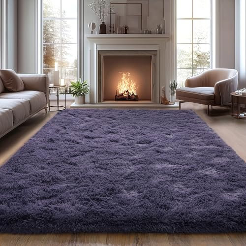 Extra großer flauschiger Teppich für Wohnzimmer, großer flauschiger Plüsch-Teppich, rutschfest, weich, zottelig, violett, grau, für Schlafzimmer, Innenbereich, moderne Heimdekoration
