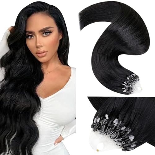 LaaVoo Microring Extensions Echthaar Schwarz 60cm - Unsichtbare Micro Loop Extensions Mit Microring 1g/s - Glatt #1 50g/50s