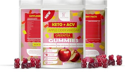 Keto + Apple Cider Vinegar Gummies with Green Tea. Metabolism Support, Energy Boost, High Strength ACV Keto Gummies. Natural Ingredients Nutritional Food Supplement. Vegan & Gluten Free.