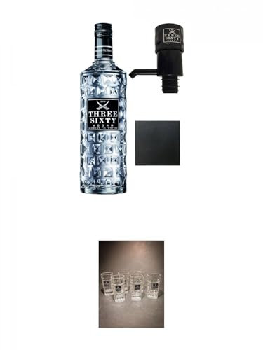 Three Sixty Vodka 3,0 Liter + Three Sixty Pumpe + Schieferuntersetzer + Three Sixty Vodka SHOT Glas mit Eichstrich 2 & 4 cl - 6 Stück