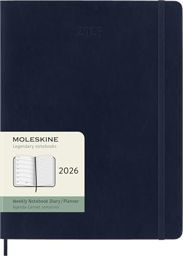 Moleskine Weekly Planner, Agenda Settimanale 2026 12 Mesi Con Spazio Per Note, Con Copertina Morbida e Chiusura Elastica, Formato XL 19 x 25 cm, Colore Blu