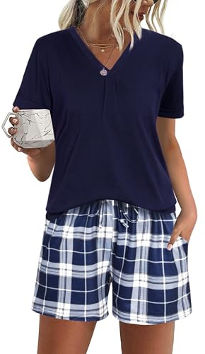 Jezonga Pyjamas Femme Ete Coton Ensembles de Pyjama Court Bleu L