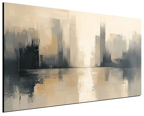 DARO Design® Bilder Groß 84x56 cm XXL Wohnzimmer Deko Moderne Wandbild Foto auf Leinwand Bild Schlafzimmer Room Decor Geschenke Kunstdruck Neutral Beige Skyline Wasser Silhouette