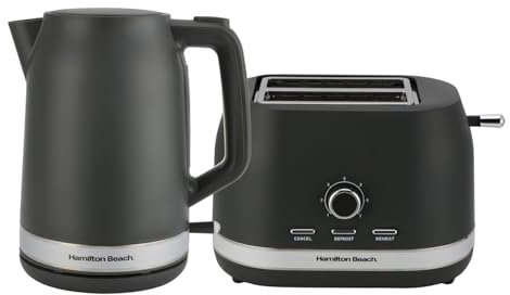 Hamilton Beach Kettle and Toaster Set, Ella, 1.7L Kettle, 2 Slice Toaster, Boil Dry Protection, Removable Filter, 7 Browning Levels, Removable Crumb Tray, Charcoal - HBELLAMCH