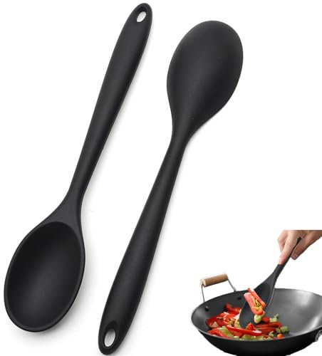 Silikonlöffel 2 Stück Kochlöffel Silikon Servierlöffel Kunststoff Schwarz Antihaft Silikon Löffel Kochutensilien Langem Griff Serviertischlöffel Küchenlöffel für Camping Essen Kochen Rühren Backen