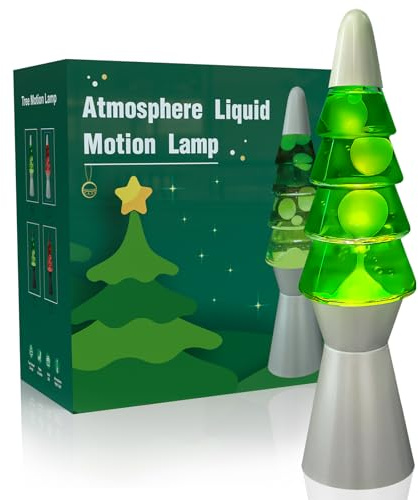 AONESY Lámpara de Movimiento Líquido Árbol de Navidad 37cm Líquido Verde & Cera Blanca Lámpara de Mesa con Bombilla, Base Negra o Plateada, Luz Nocturna Festiva para Adultos & Niños