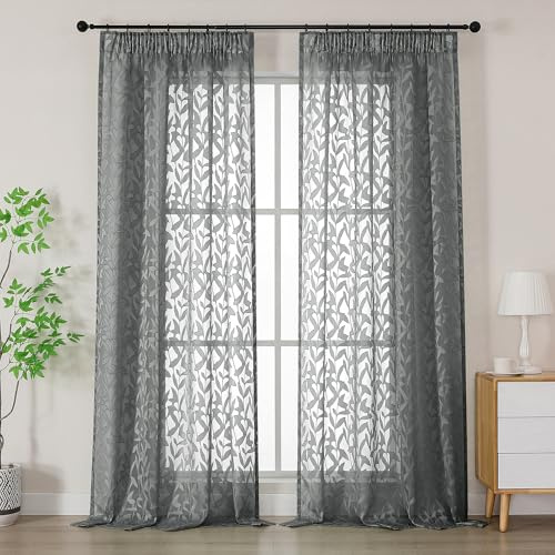 Simplebrand Leah Grau Lichtdurchlässig Clip Jacquard Voile Ausbrenner Gardine mit Blätter Muster transparenter Vorhang mit Kräuselband Wohnzimmer Gardinenschals B140xH245cm Grau 2 St