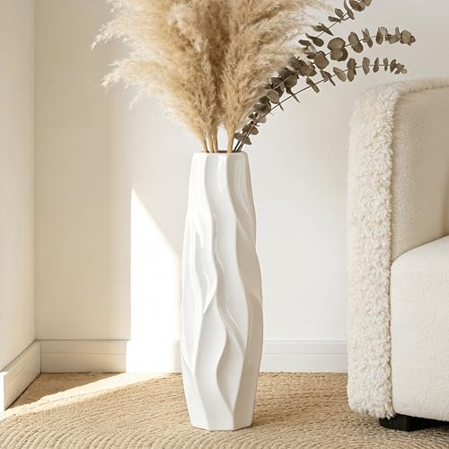 Duoqulou Weiße Bodenvase aus Keramik, 45 cm Groß, Minimalistische Dekovase für Blumen, Pampasgras, Für Wohnzimmer, Büro und Schlafzimmer