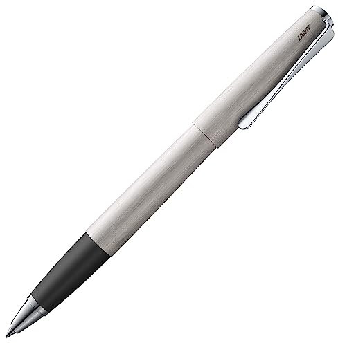 Lamy studio brushed Tintenroller – universeller Stift in elegantem Gehäuse aus Ganzmetall – mit propellerförmigem Clip & in Strichbreite M – mit Tintenrollermine M 63 in schwarz